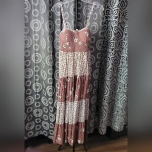 No Comment NY-LA Floral Maxi Dress Size L Smocked Brown.,